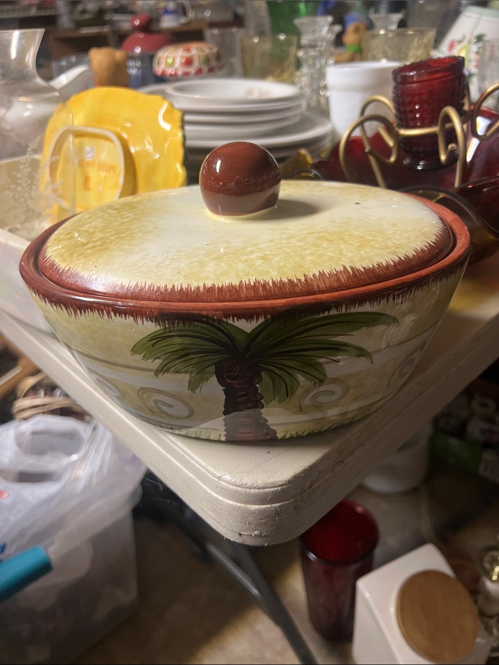 Hand-Painted Palm Tree Covered Ceramic Dish - Yellow & Brown